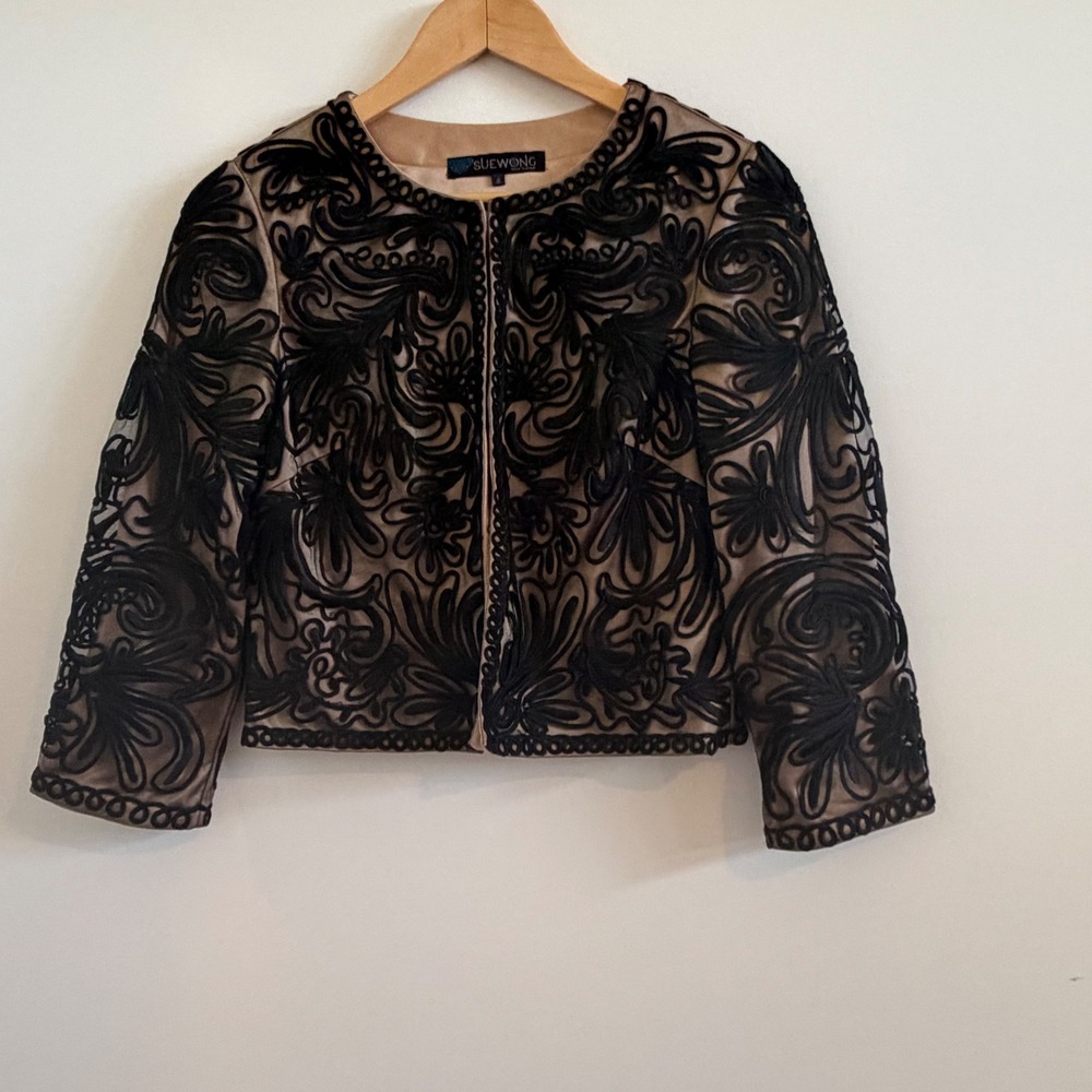 Sue Wong Nocturne Black Soutache Embroidery Cropped Jacket Tan Mesh Size 8